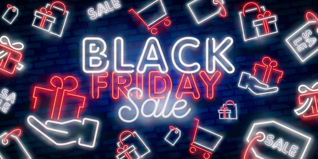 Imposta il banner web black friday. insegna al neon. banner web, logo, emblema ed etichetta. insegna al neon, insegna luminosa, insegna leggera.