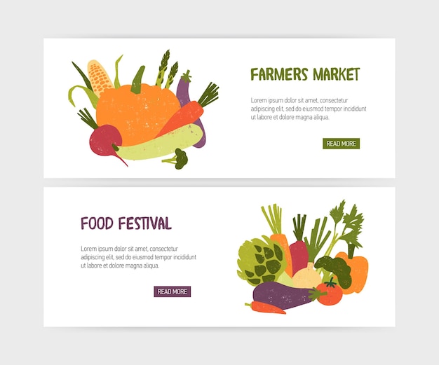 set of web banner templates with tasty organic vegetables and place for text