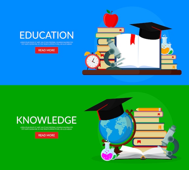 Set of web banners for education. books, globe, microscope, test tubes, academic cap.