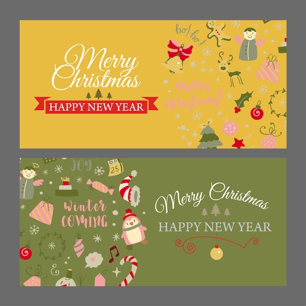 Set of web banners with christmas design elements in doodle style christmas cards vector