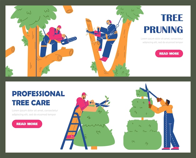 Set of website banner templates about tree trimming flat style vector illustration