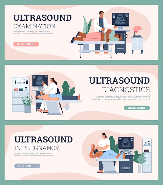 Set of website banner templates about ultrasound in pregnancy diagnostics and examination