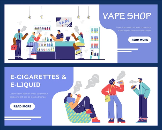 Set of website banners about vape shop ecigarettes and eliquid flat style