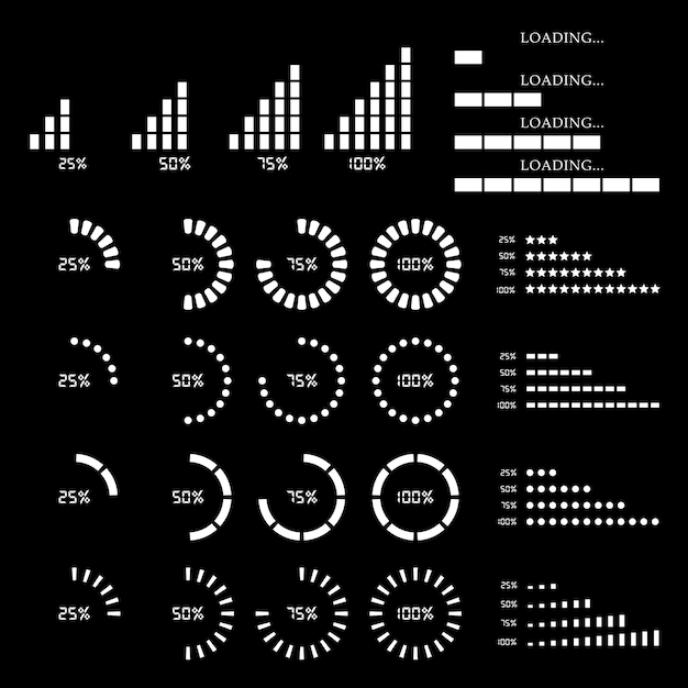 Set of website loading icon isolated on black background