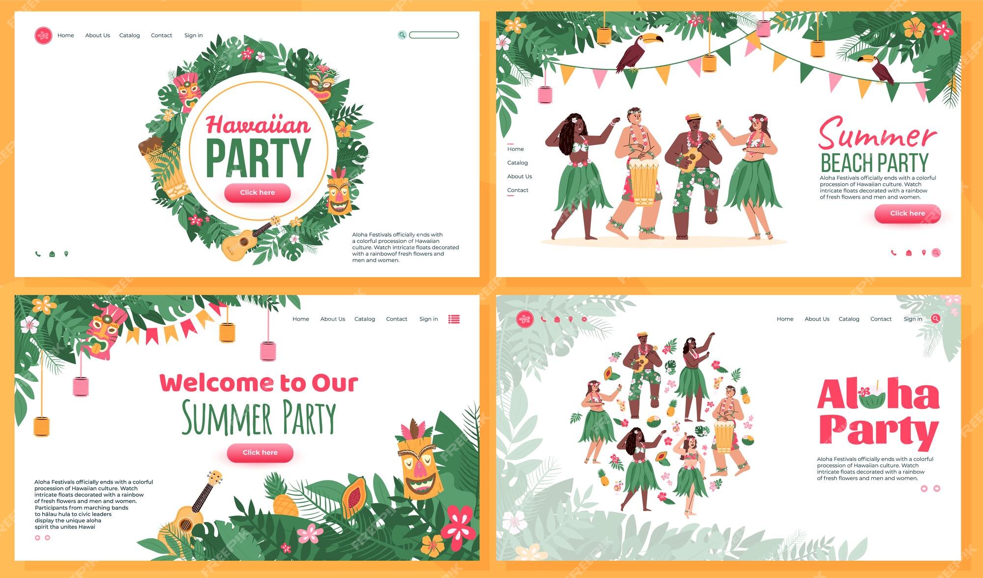 Premium Vector | Set of website pages for dance hawaiian party flat cartoon vector illustration Premium Vector | Set of website pages for dance hawaiian party flat cartoon vector illustration