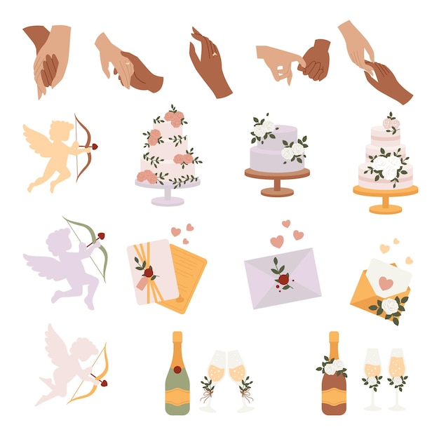 Vector set of wedding accessories and decoration angel cake champagne glasses hand with engagement ring