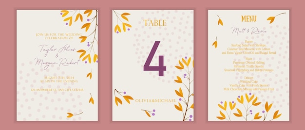 Set of wedding cards invitations postcards Yellow flowers and leaves A branch with yellow leaves