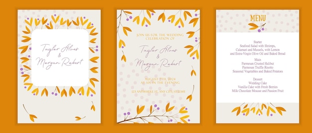 Set of wedding cards invitations postcards Yellow flowers and leaves A branch with yellow leaves