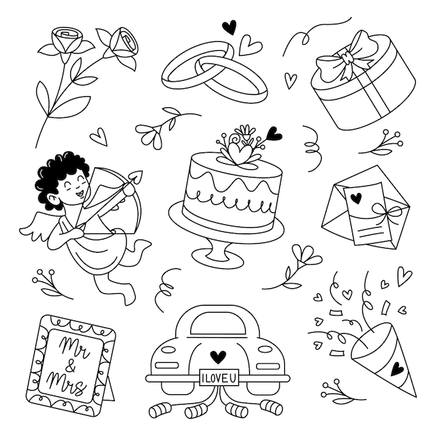 Vector set wedding doodle element de feestelijkheid van een huwelijksceremonie