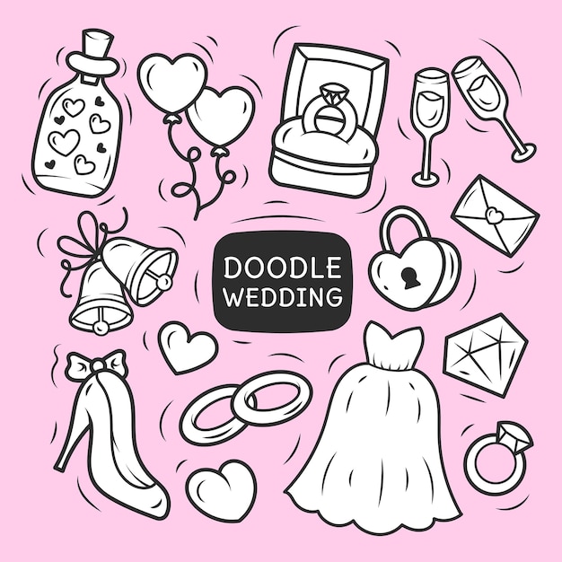 A set of wedding doodle elements icons