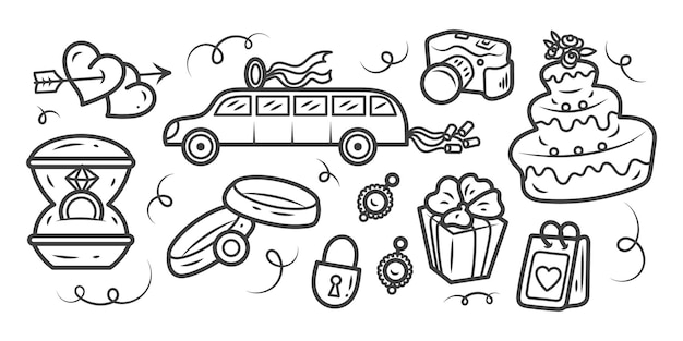 A set of wedding doodle elements icons
