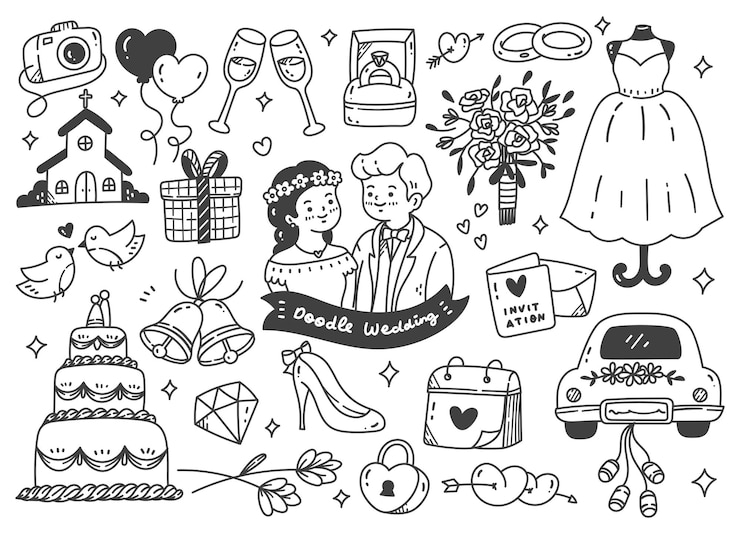 Vector set of wedding doodle line art vector illustration