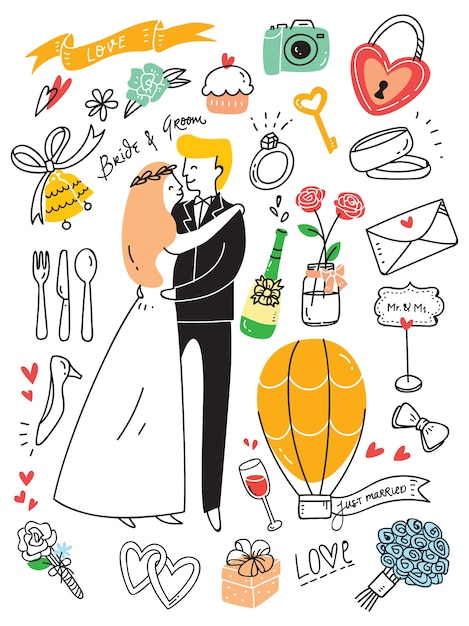 Set di doodle di nozze