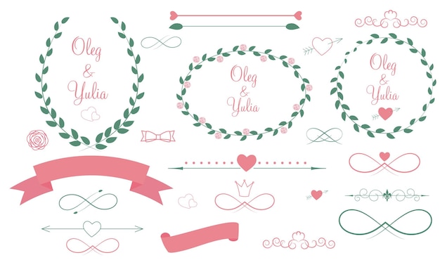 Set of wedding graphic elements with arrows, hearts, laurel, ribbons and labels vector illistration