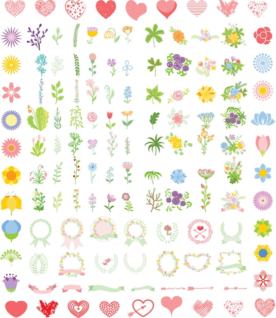 Set di grafica per matrimoni, corona, fiori, frecce, cuori, alloro, nastri ed etichette, disegno a mano, illustrazione vettoriale