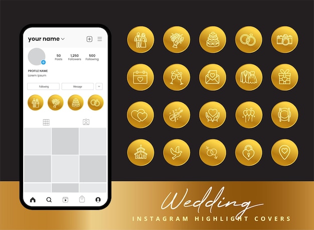 Set di icone di matrimonio per copertine di momenti salienti della storia di instagram