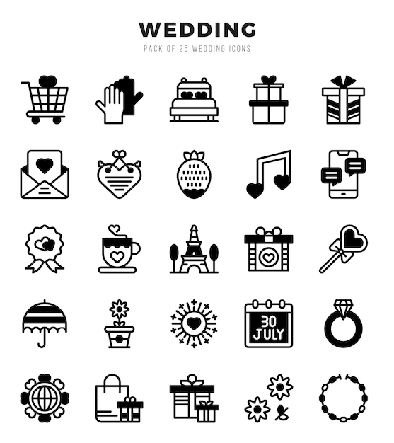 Set of Wedding Icons Simple Lineal Filled art style icons pack