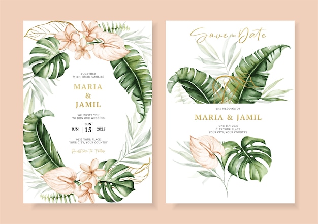 벡터 열 대 잎 수채화와 결혼식 초대 카드 템플릿 디자인 설정