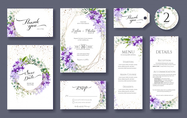 Set of wedding Invitation card template. Purple Wreath flower.