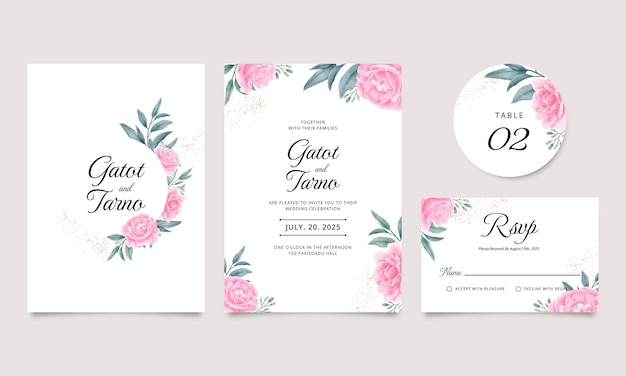 A set of wedding invitation card templates with watercolor decoration of beautiful roses and green leaves