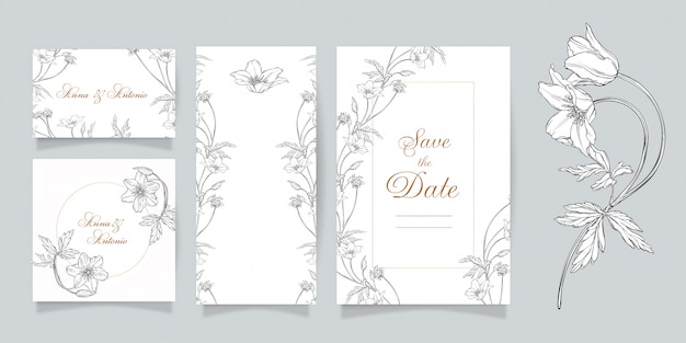 Set of wedding invitation card with floral print of anemone