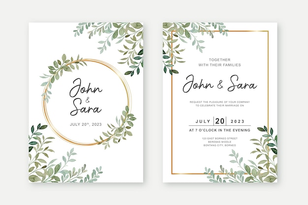 Set wedding invitation card with watercolor green leaves