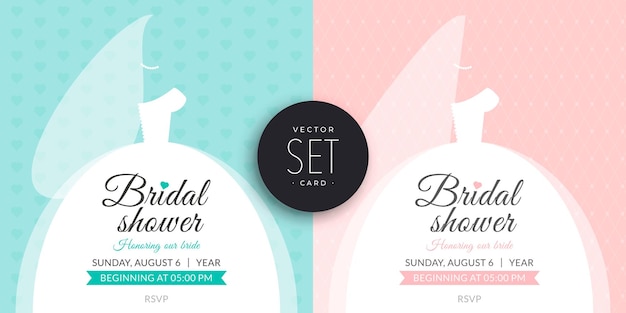 Vector set of wedding invitation cards. bride in a beautiful wedding dress. pastel soft colors.