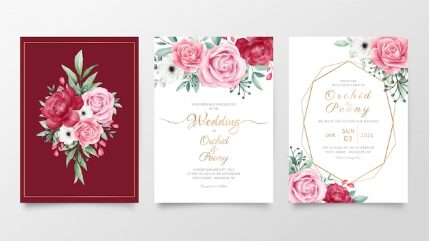 Set of wedding invitation cards template with watercolor floral decoration