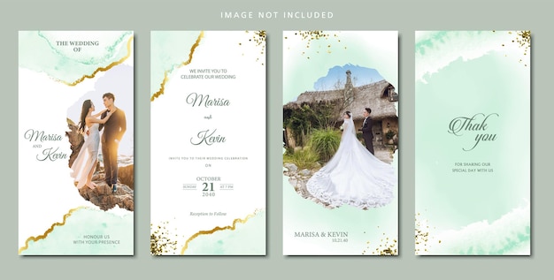A set of wedding invitation cards with a photo of a bride and groom on a green background.