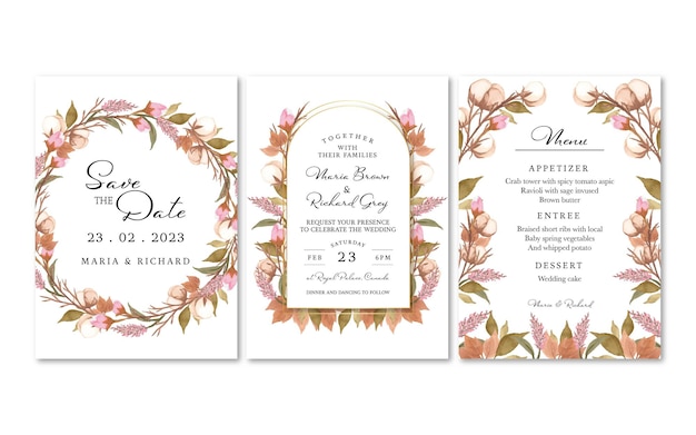 Vector set of wedding invitation suite with cotton flower wreath