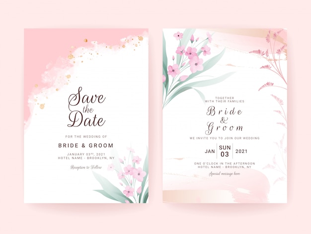 Set of wedding invitation template with abstract shapes and floral border.