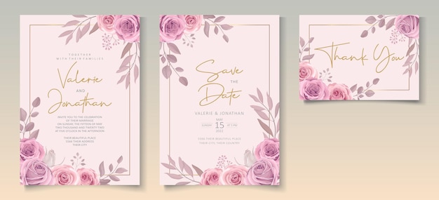 Set of wedding invitation template with beautiful soft pink blooming roses design