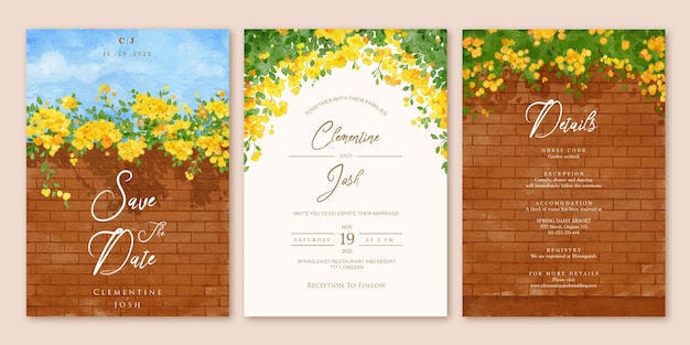 Vettore set di modelli di invito a nozze con acquerello giallo fiore di bouganville muro di mattoni paesaggio