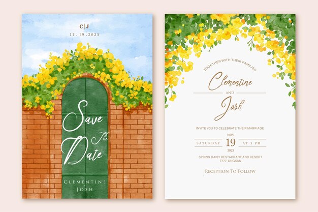 Vector set of wedding invitation template with watercolor yellow bougainvillea flower brick wall landscape