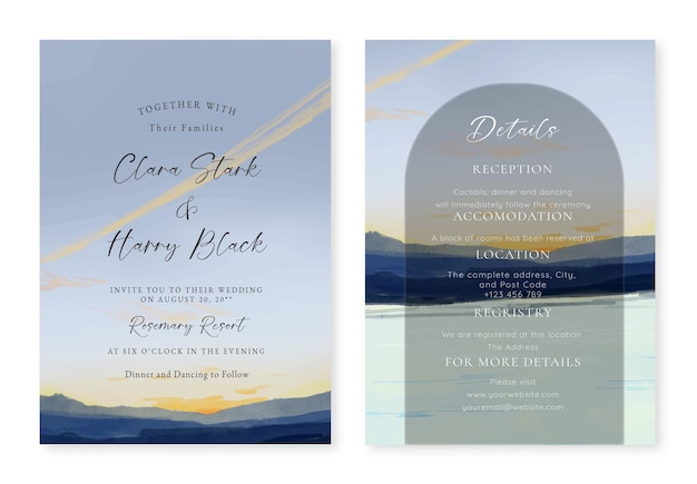 Set of Wedding Invitation with calming sunset background handdrawn