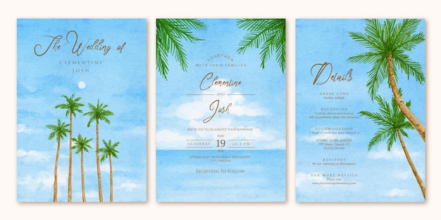 Vector set of wedding invitation with landscape palm tree beach watercolor background template