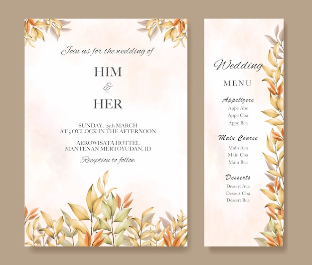 Set of wedding invitation with leaves