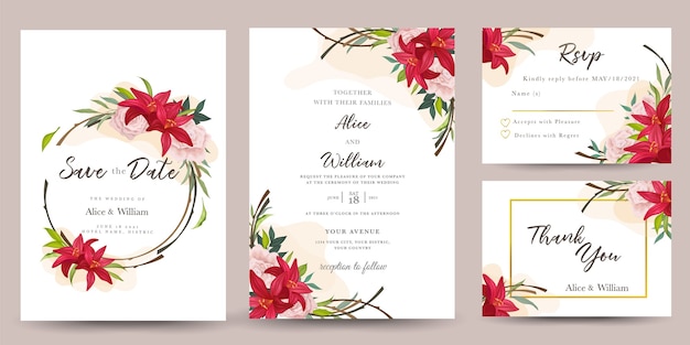 set of wedding invitation with lily flowers 