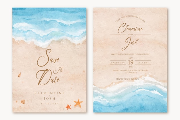 Set of wedding invitation with summer beach hand drawn watercolor background