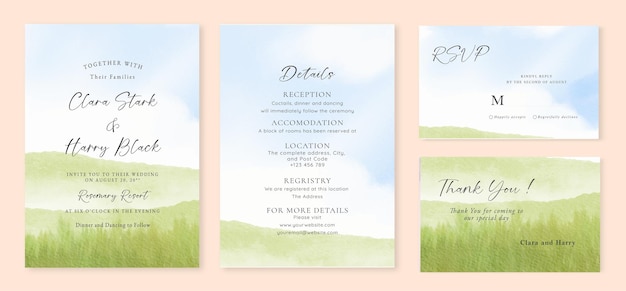 Set of Wedding Invitation with Watercolor background elegant calm