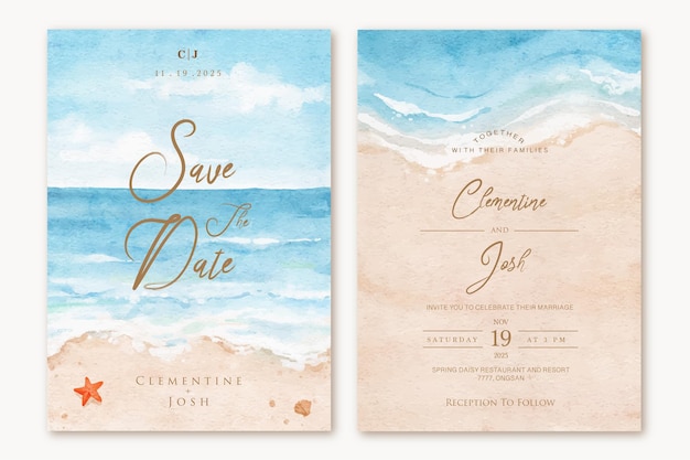 set of wedding invitation with watercolor beach landscape background template