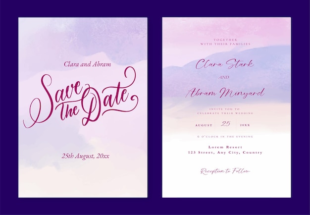 水彩の夜明けの空と結婚式の招待状のセット