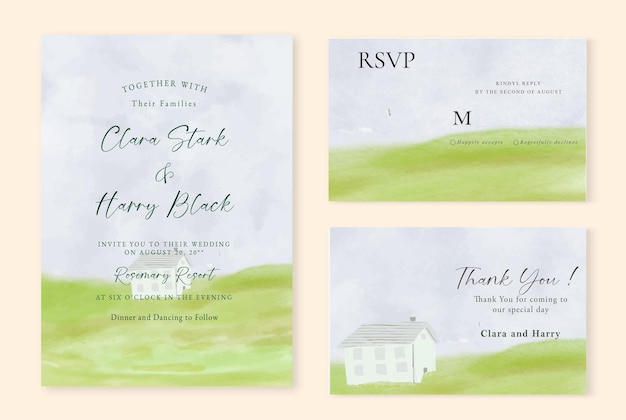 Vector set of wedding invitation with watercolor landscape house in faraway meadows