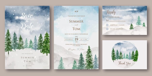 Set of wedding invitation with watercolor landscape pine tree