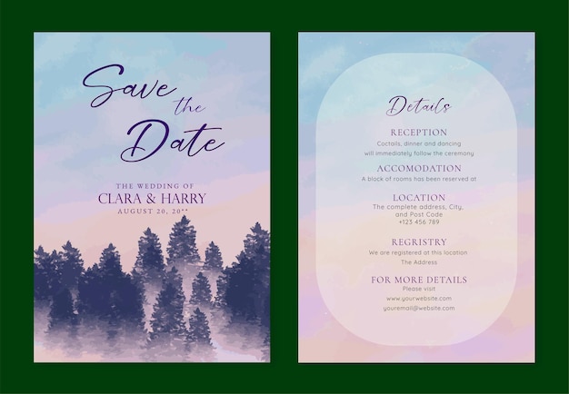 Set of wedding invitation with watercolor pastel sky with pineforest