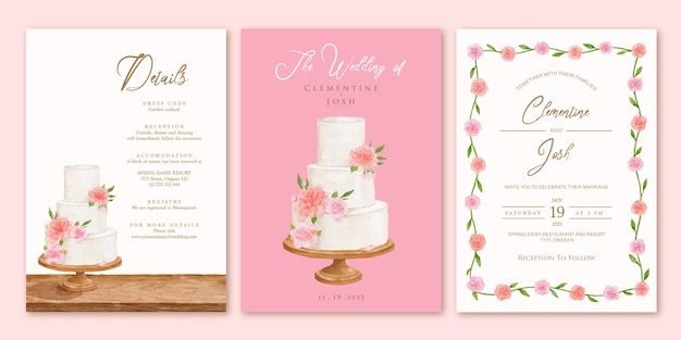 Set of wedding invitation with watercolor wedding cake background templat