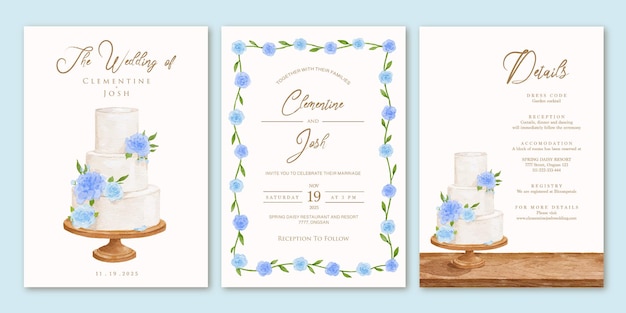 Set of wedding invitation with watercolor wedding cake background template