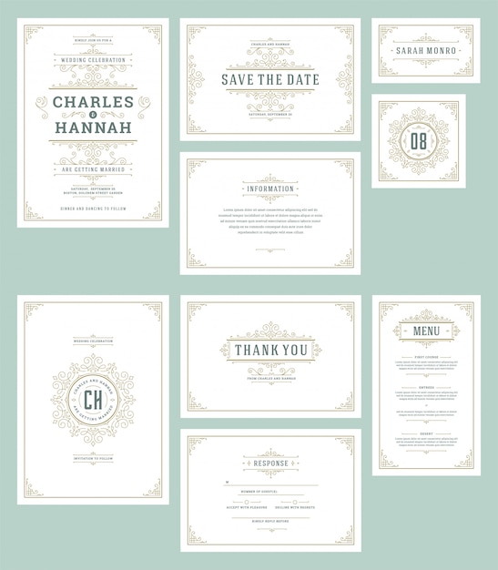 Set wedding invitations cards flourishes ornaments.