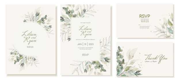 Vector set of wedding invitations thank you and rsvp cards in rustic style with green leaves and branches