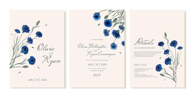 Set di inviti di nozze in stile vintage rustico di fiordalisi fiori di campo blu vettoriale